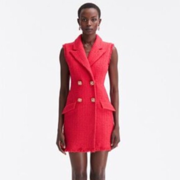 New Oscar de la Renta Red Button-embellished Frayed Wool-blend Tweed Mini Dress - Picture 4 of 17